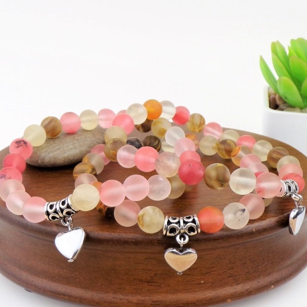 Set of 3 Cherry Quartz Bracelet with Heart Charm